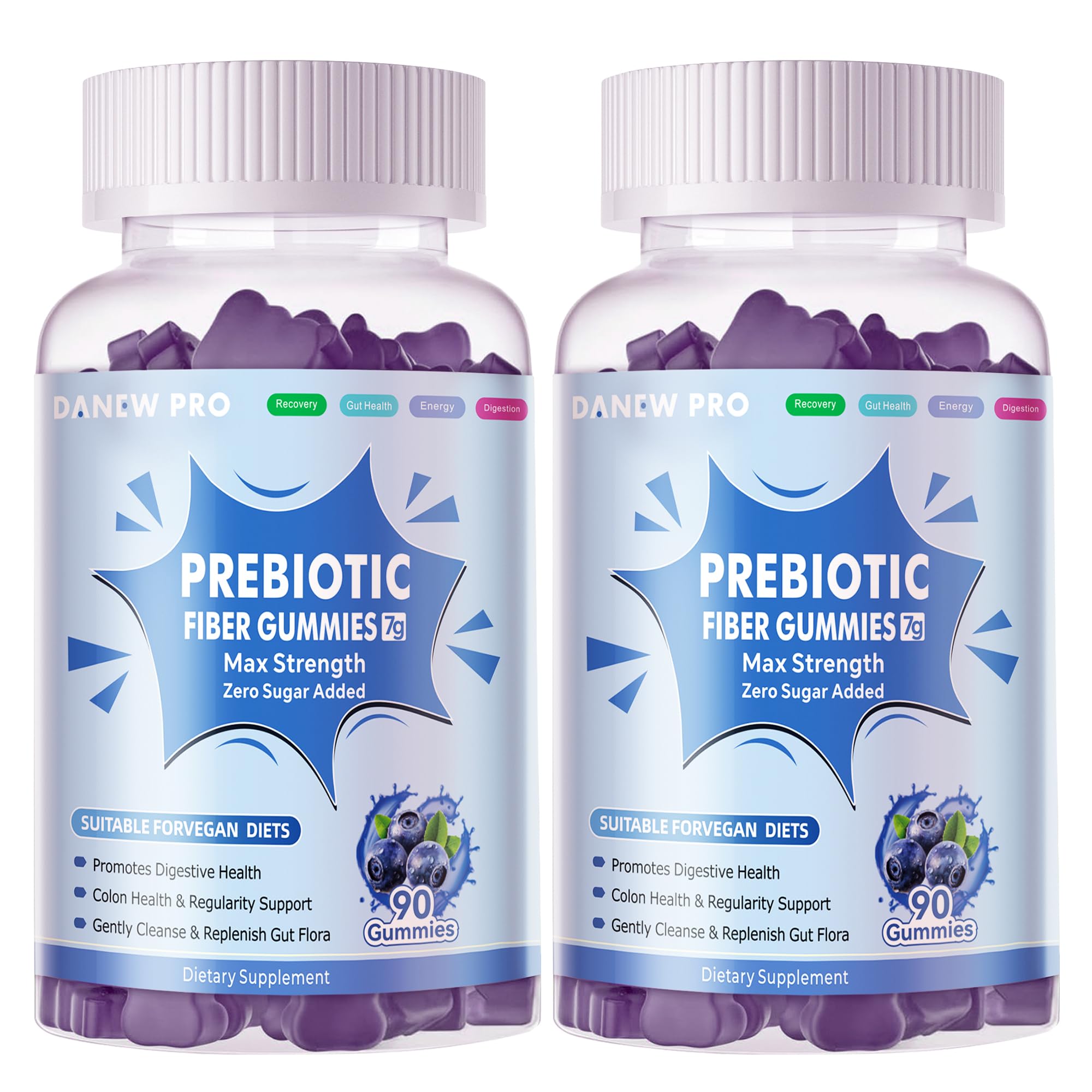 DANEW Pro prebiotic fiber gummies blueberry two-pack bottle front for daily digestive support.