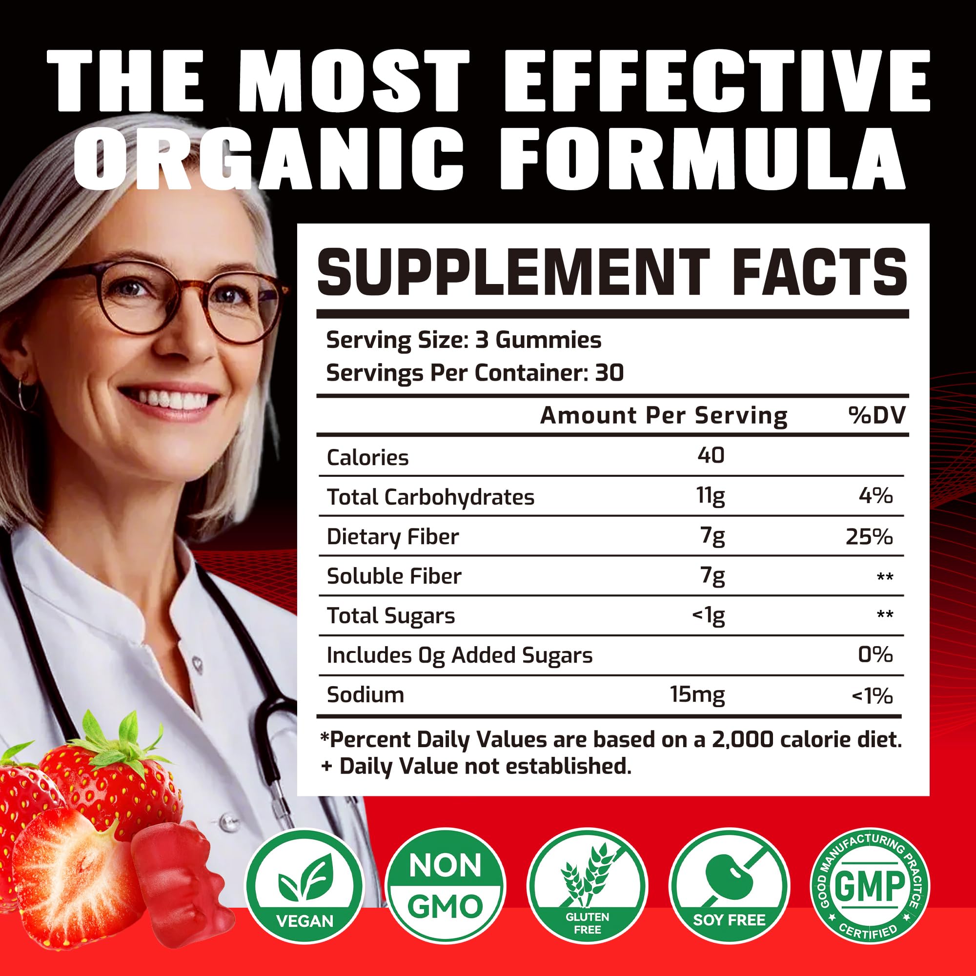 DANEW Pro strawberry gummies bottle closeup, 7g fiber per serving for daily gut wellness.
