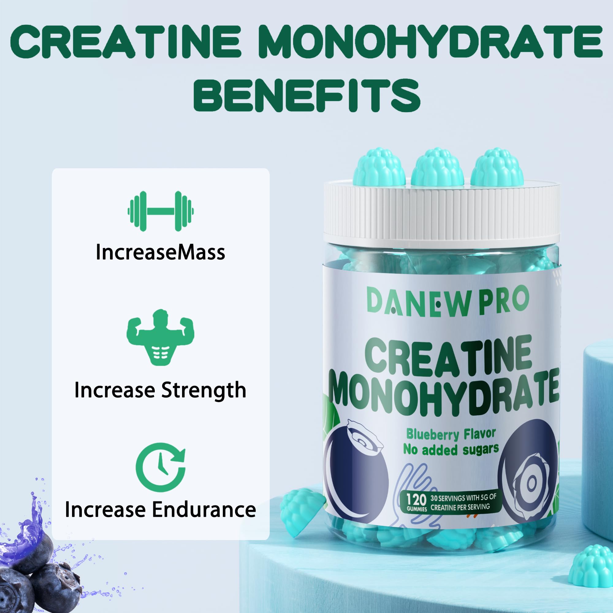 DANEW Pro Creatine Gummy blueberry 120-count bottle stands for value.