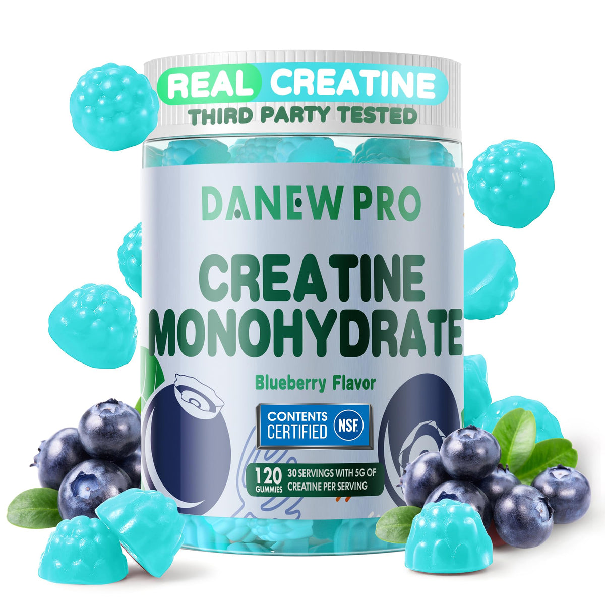 DANEW Pro Creatine Gummy blueberry bottle for easy daily supplementation.