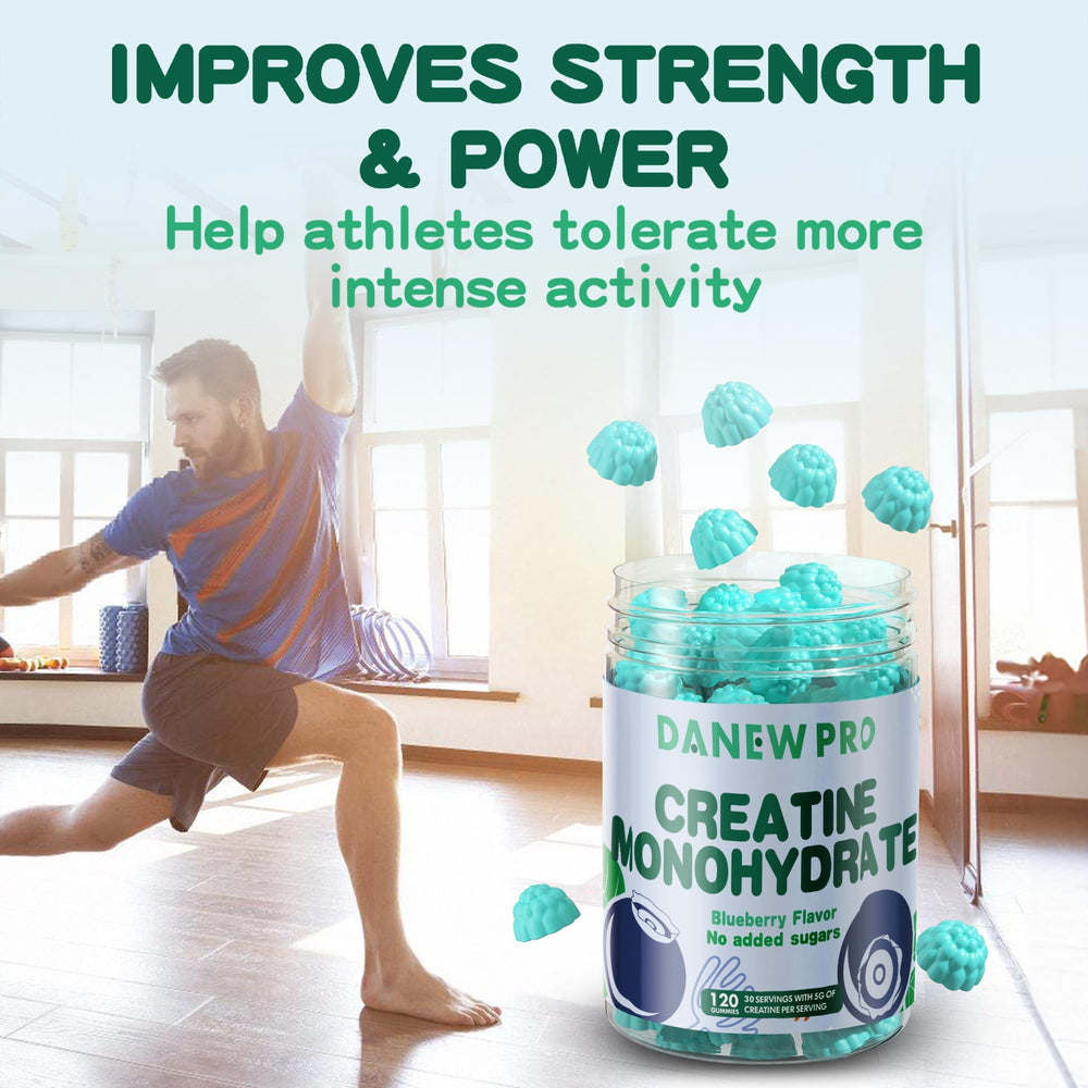 DANEW Pro Creatine Gummy blueberry packaging showcases flavor and ingredients.