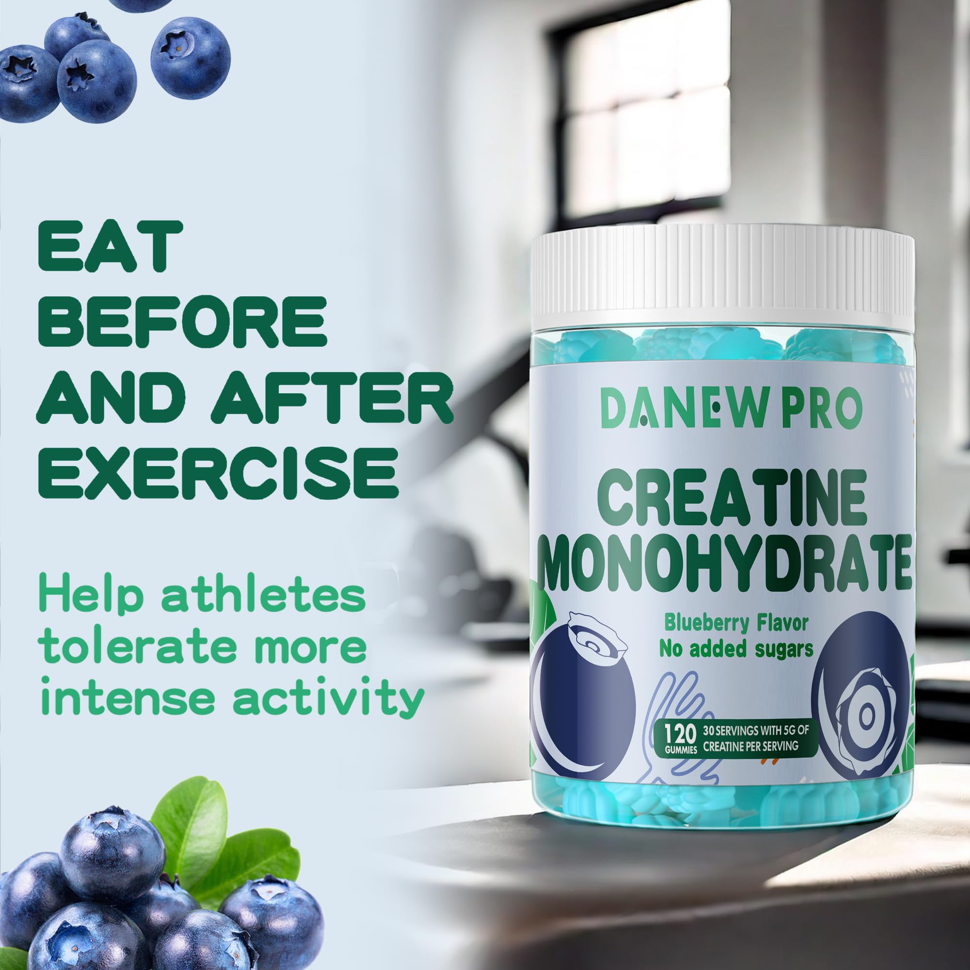 DANEW Pro Creatine Gummy blueberry nutrition label highlights key details.