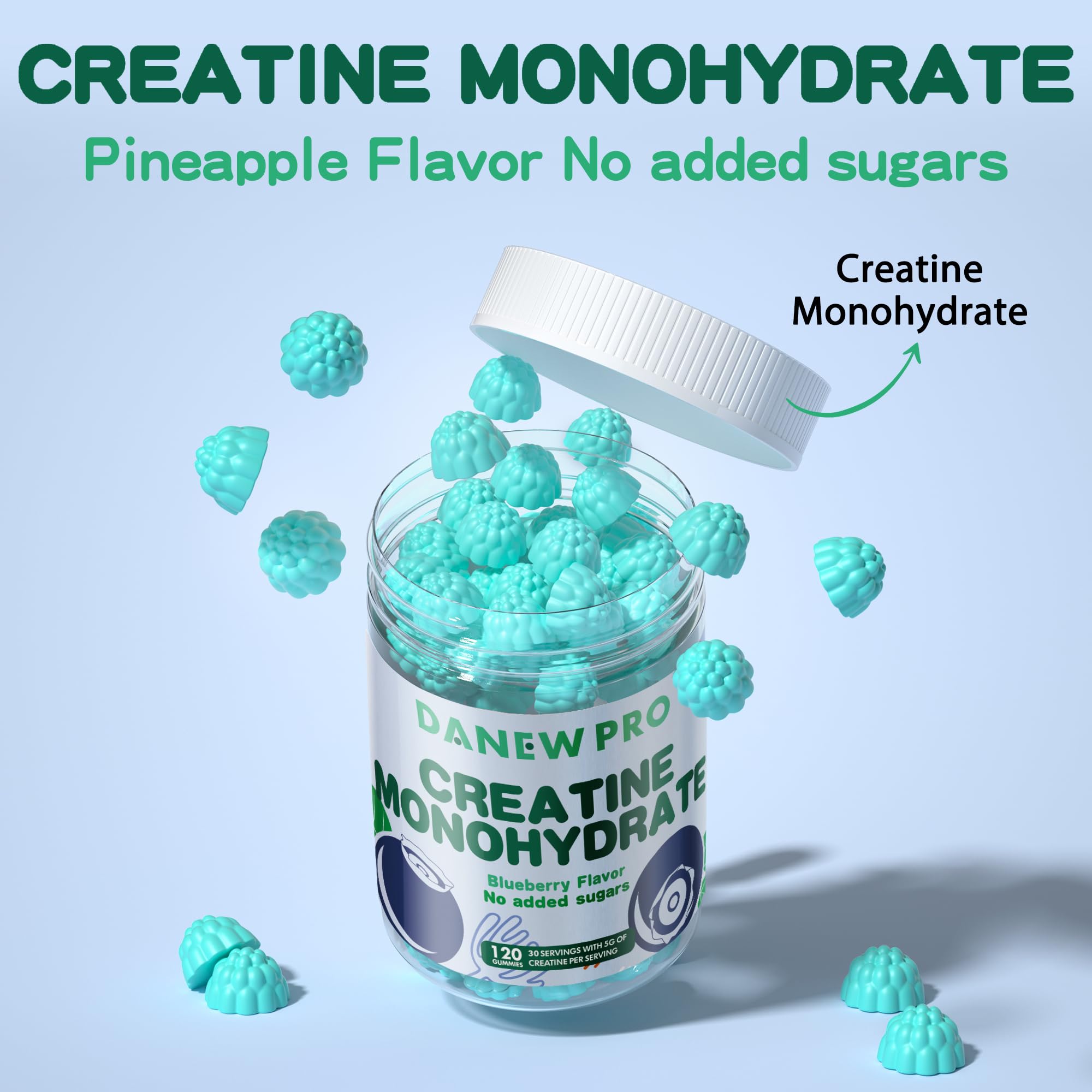 DANEW Pro Creatine Gummy blueberry vegan sugar-free label emphasizes clean ingredients.