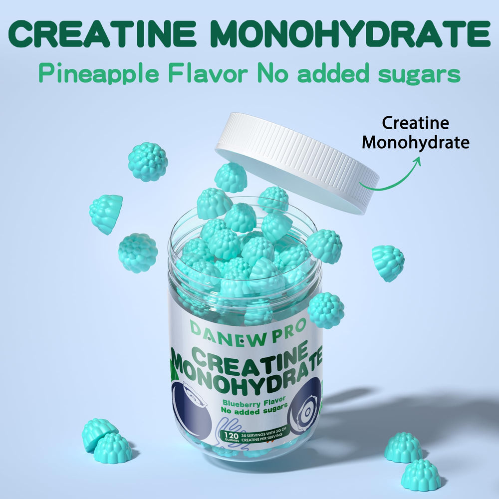 DANEW Pro Creatine Gummy blueberry vegan sugar-free label emphasizes clean ingredients.