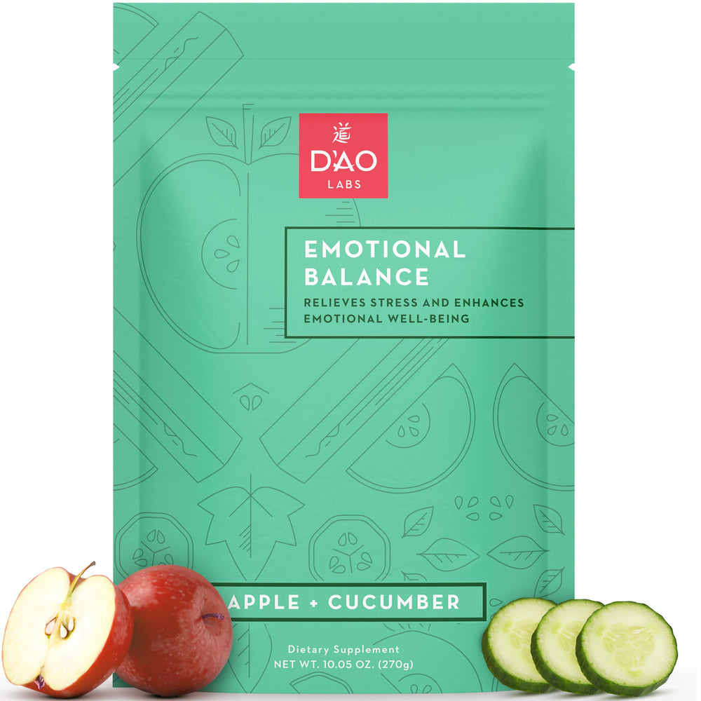 DAO Labs Emotional Balance bottle pour demonstrates potential calm during stress.