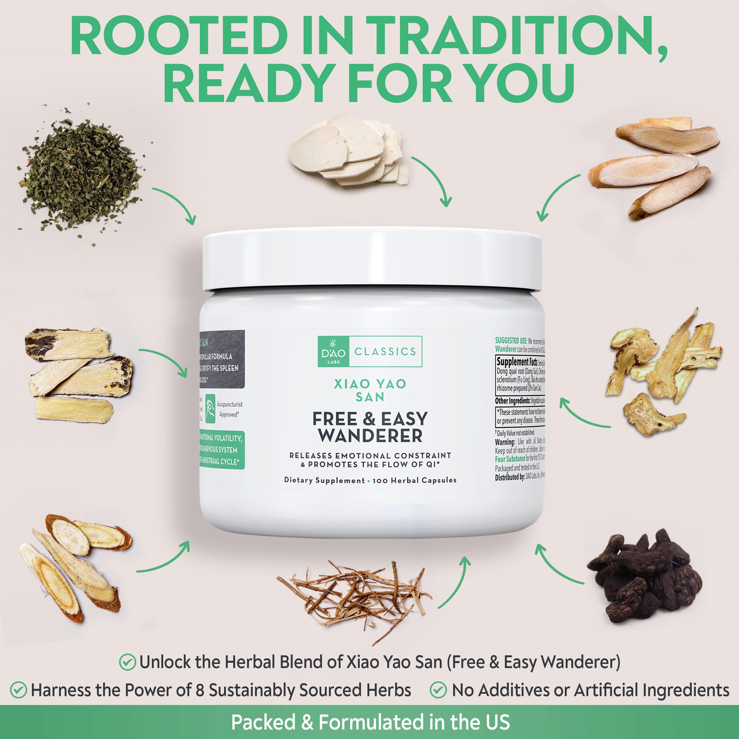 DAO Labs Free & Easy Wanderer label view emphasizing traditional Chinese herbs.