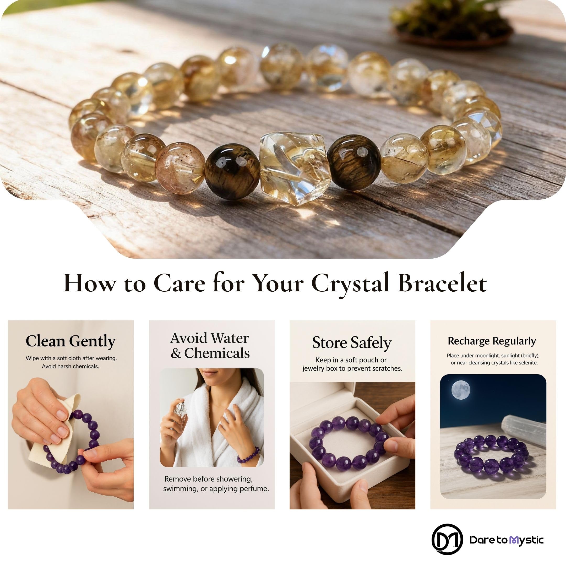 Dare to Mystic amethyst rutilated quartz bracelet photographed in natural light