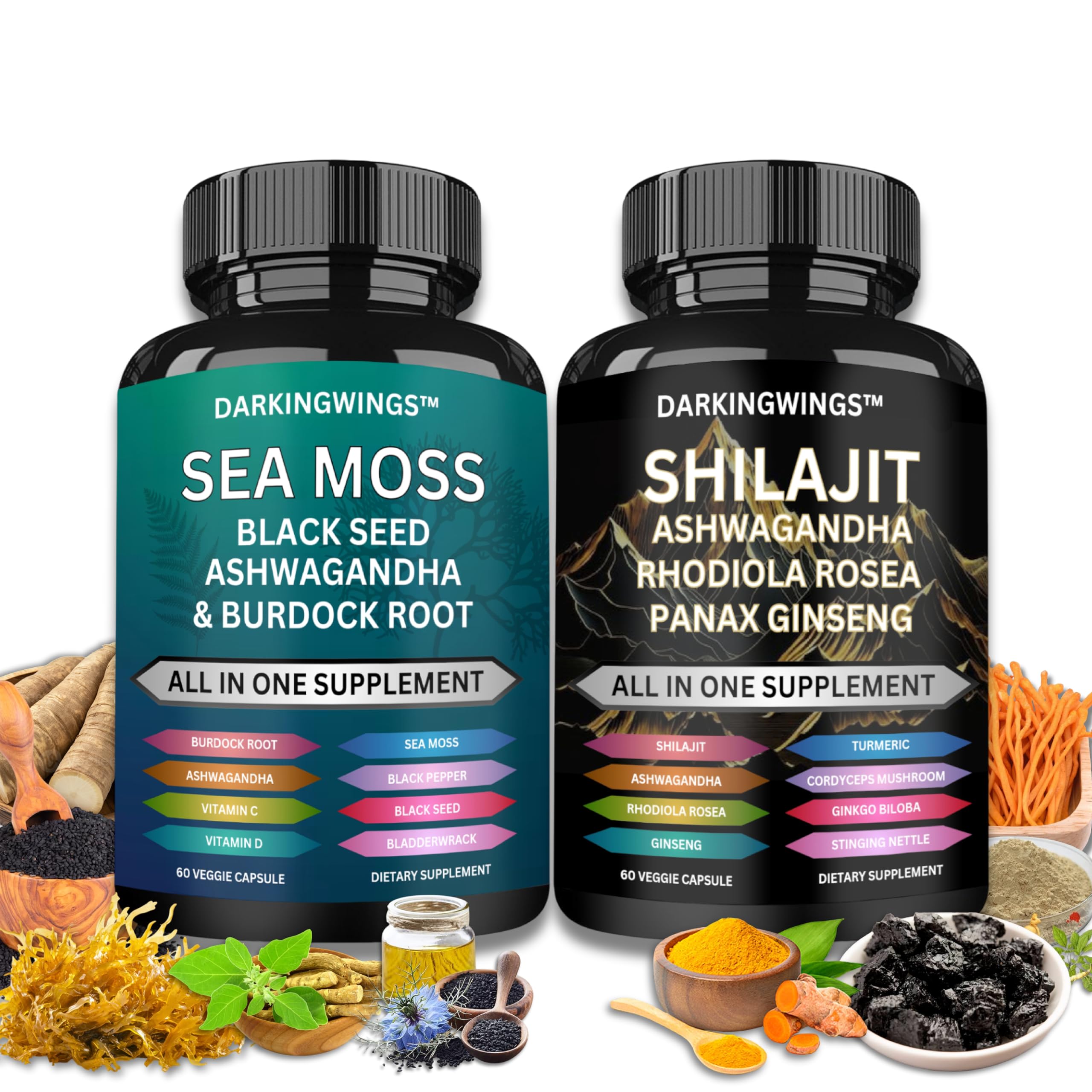 Darkingwings Dynamic Vitality Bundle bottle shows two formulas for daily energy and balance