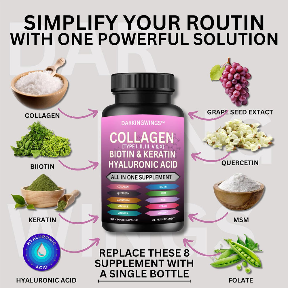 Darkingwings ingredients panel displays collagen types I–X, biotin, hyaluronic acid.