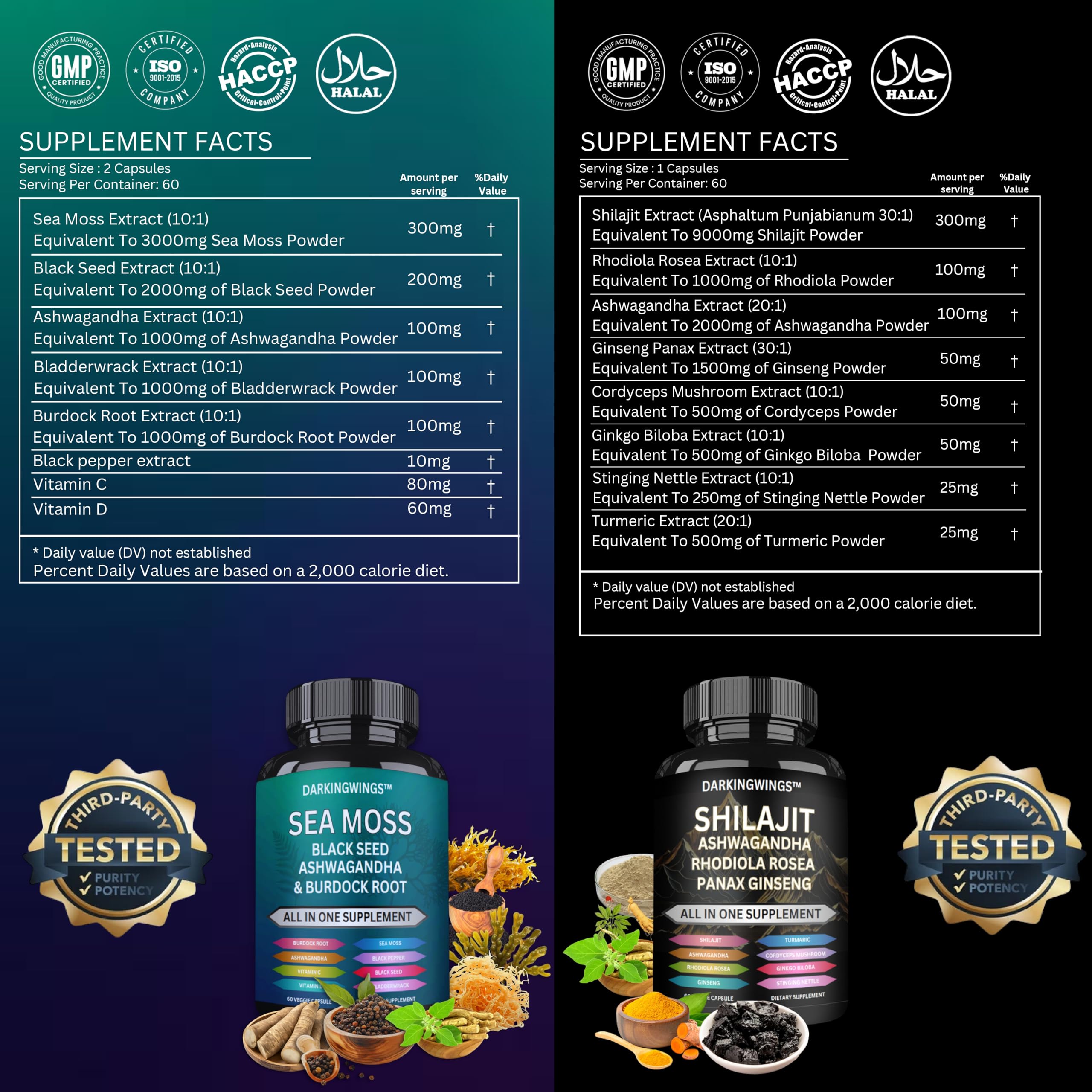 Darkingwings Sea Moss 3000mg bottle highlights mineral rich sea moss for holistic wellness