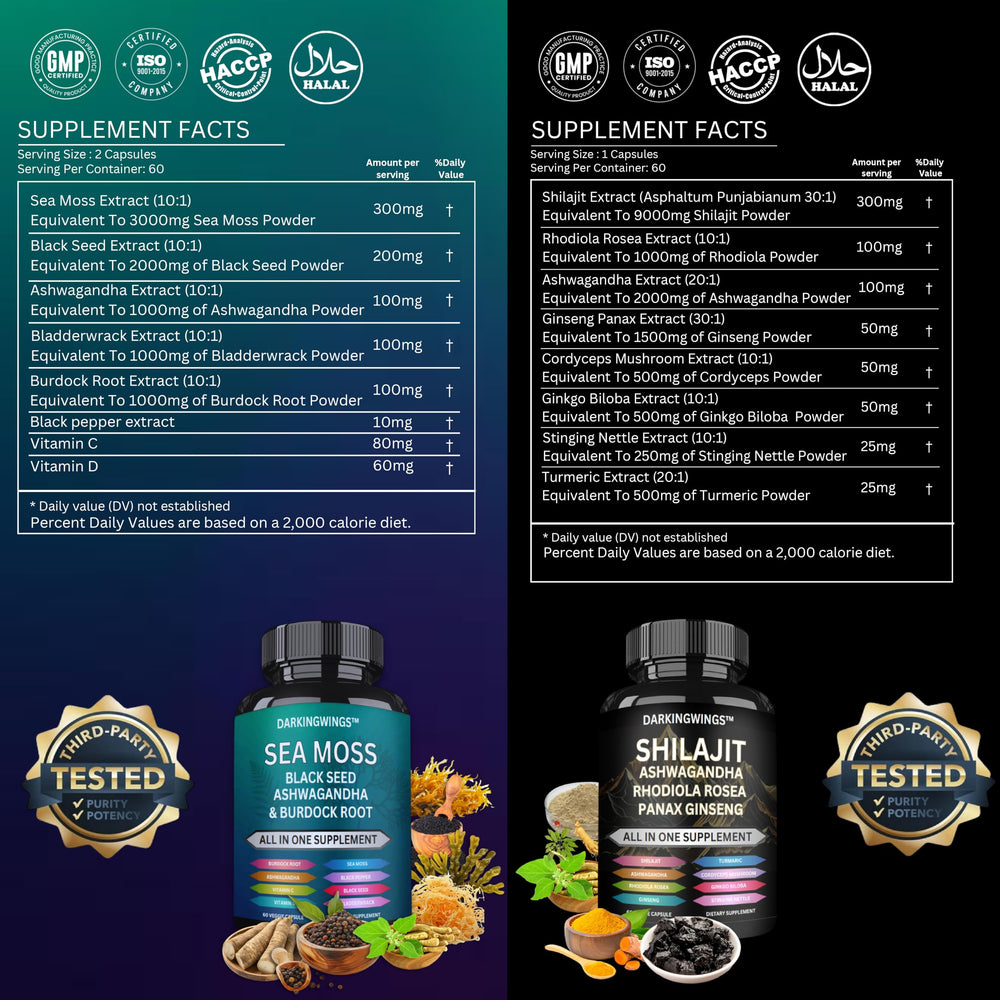 Darkingwings Sea Moss 3000mg bottle highlights mineral rich sea moss for holistic wellness