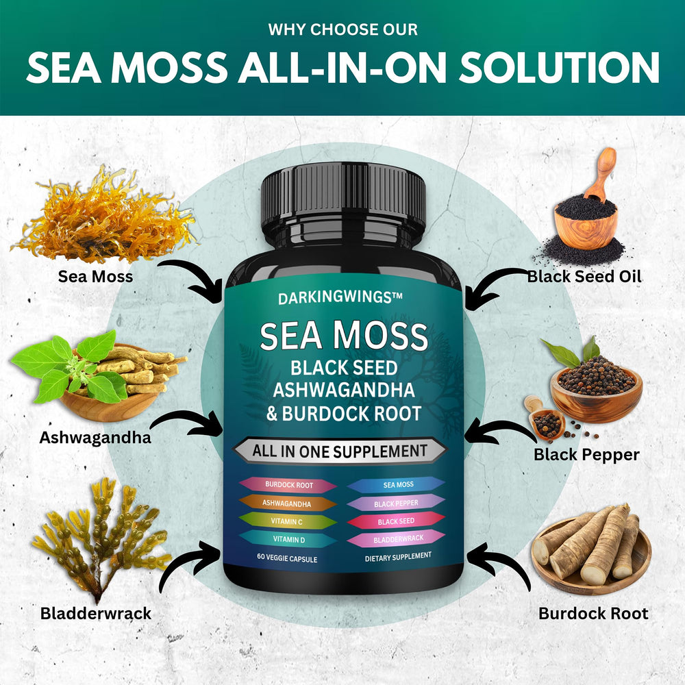 Darkingwings Sea Moss Advanced bottle with black seed oil visuals for immune benefits.