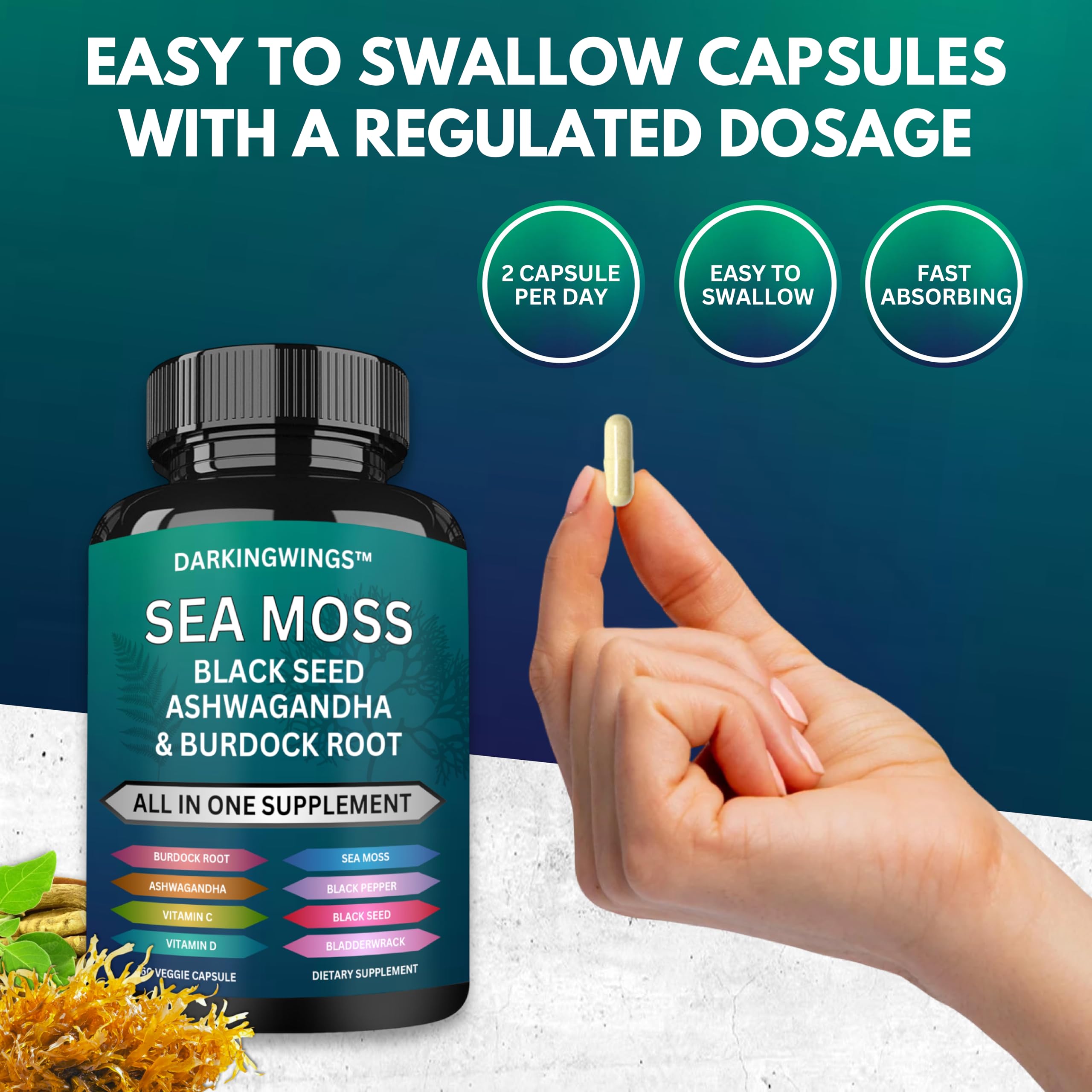 Darkingwings Sea Moss Advanced bladderwrack and burdock close-up for digestive support.