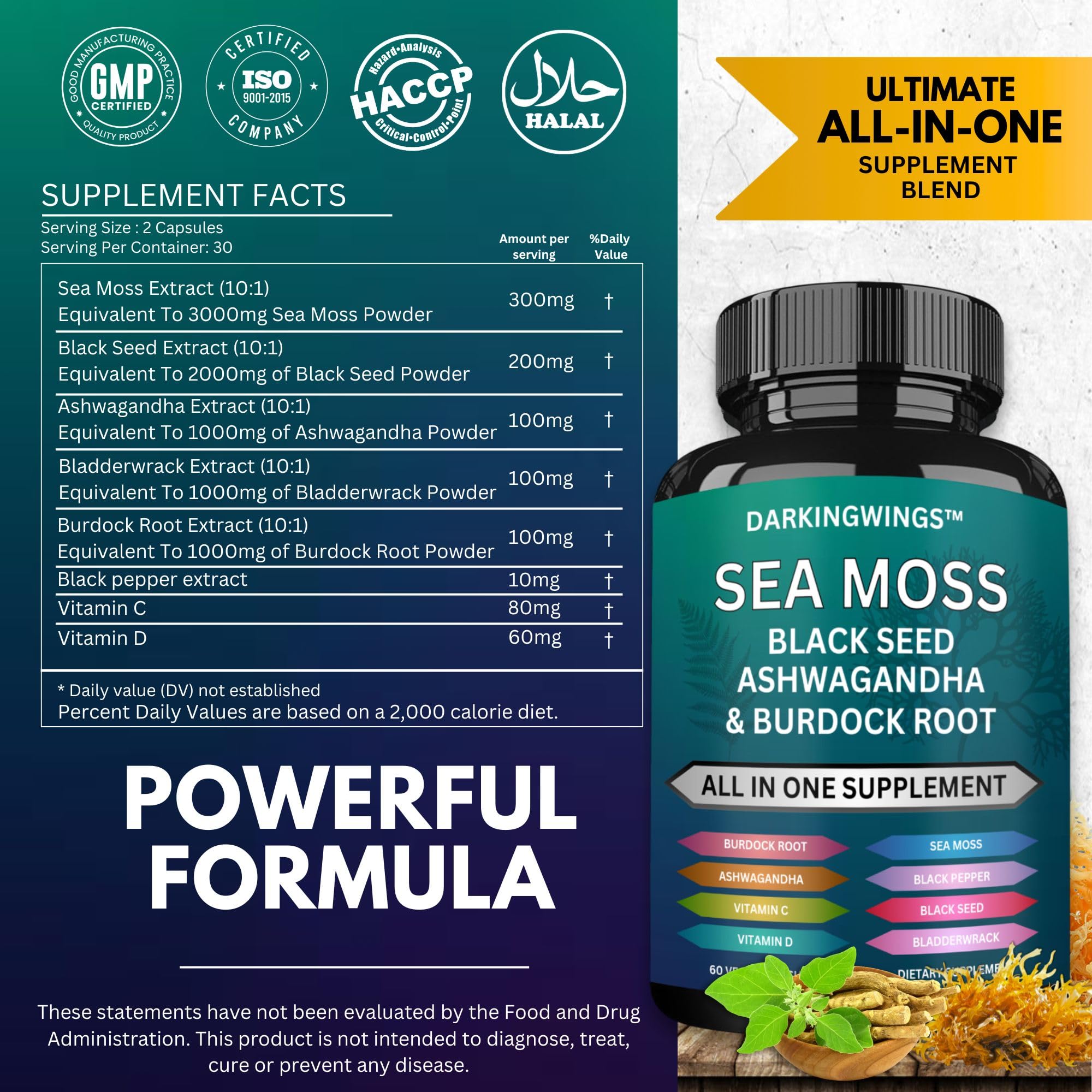 Darkingwings Sea Moss Advanced capsules close-up highlighting energy support.