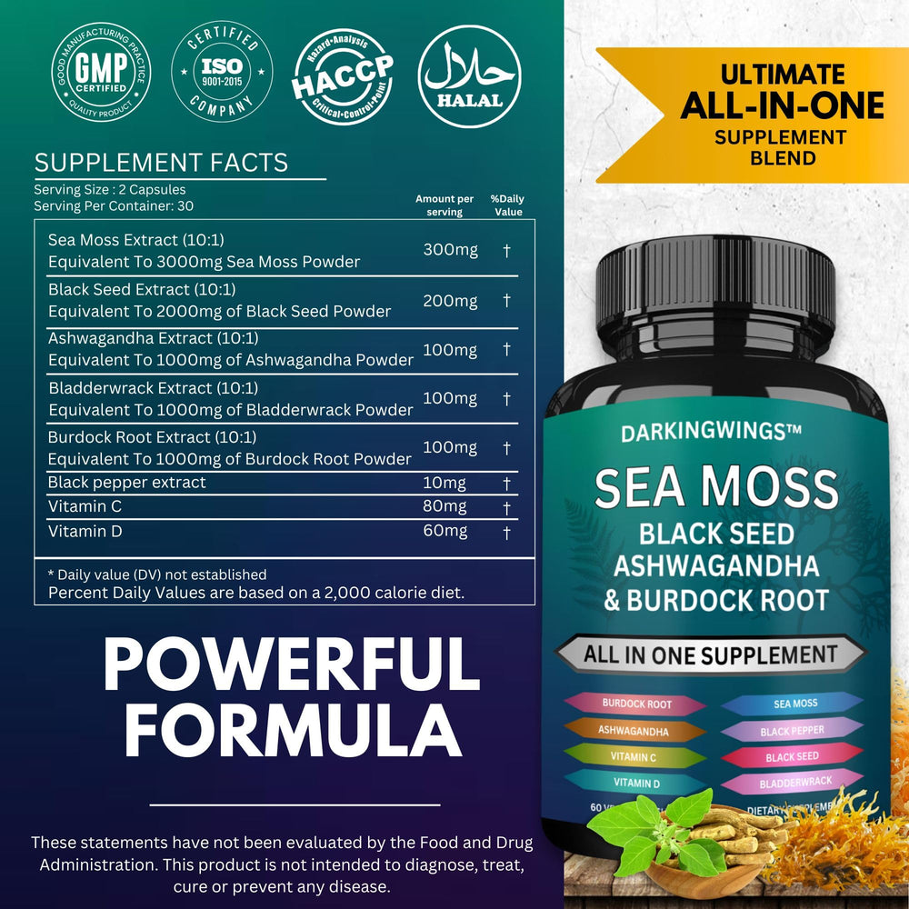 Darkingwings Sea Moss Advanced capsules close-up highlighting energy support.