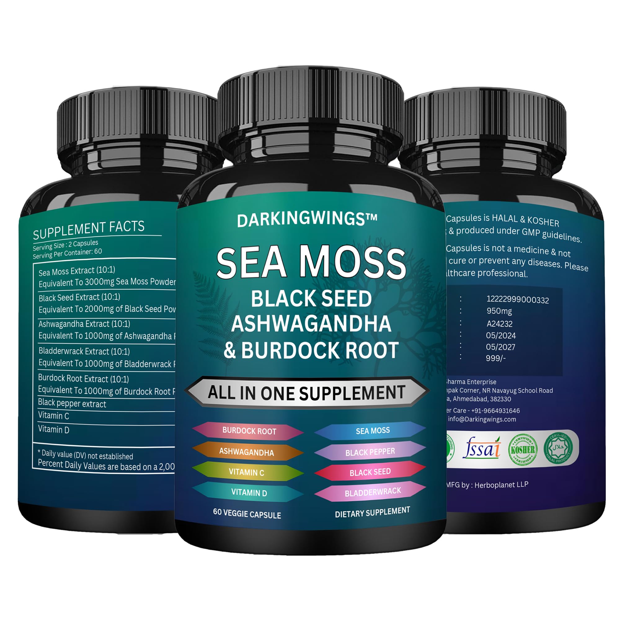 Darkingwings Sea Moss Advanced energy-boost capsules on a bright desk.