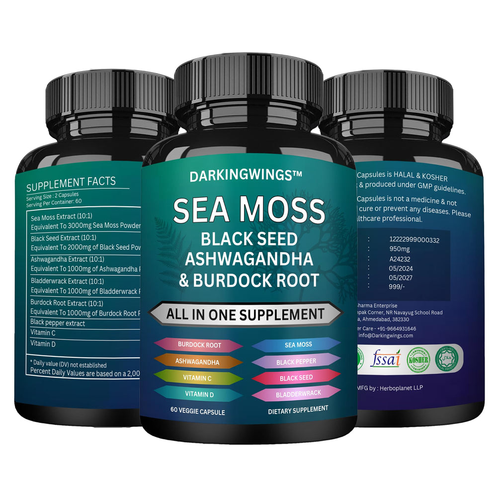 Darkingwings Sea Moss Advanced energy-boost capsules on a bright desk.