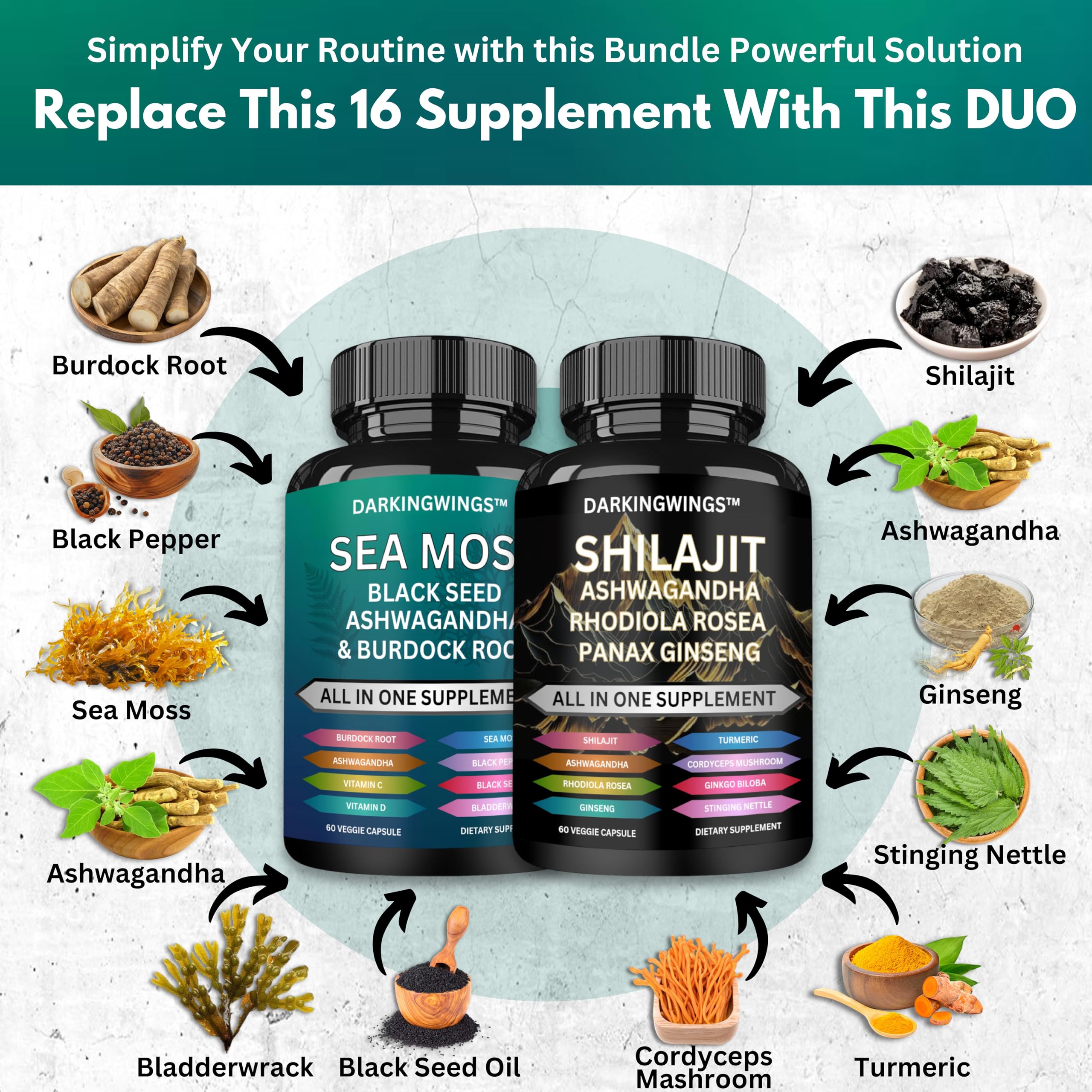 Darkingwings Shilajit 9000mg bottle emphasizes adaptogenic support and vitality