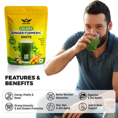 DAUSON Celery Ginger Turmeric Shot label highlights natural ingredients and plant-based wellness.