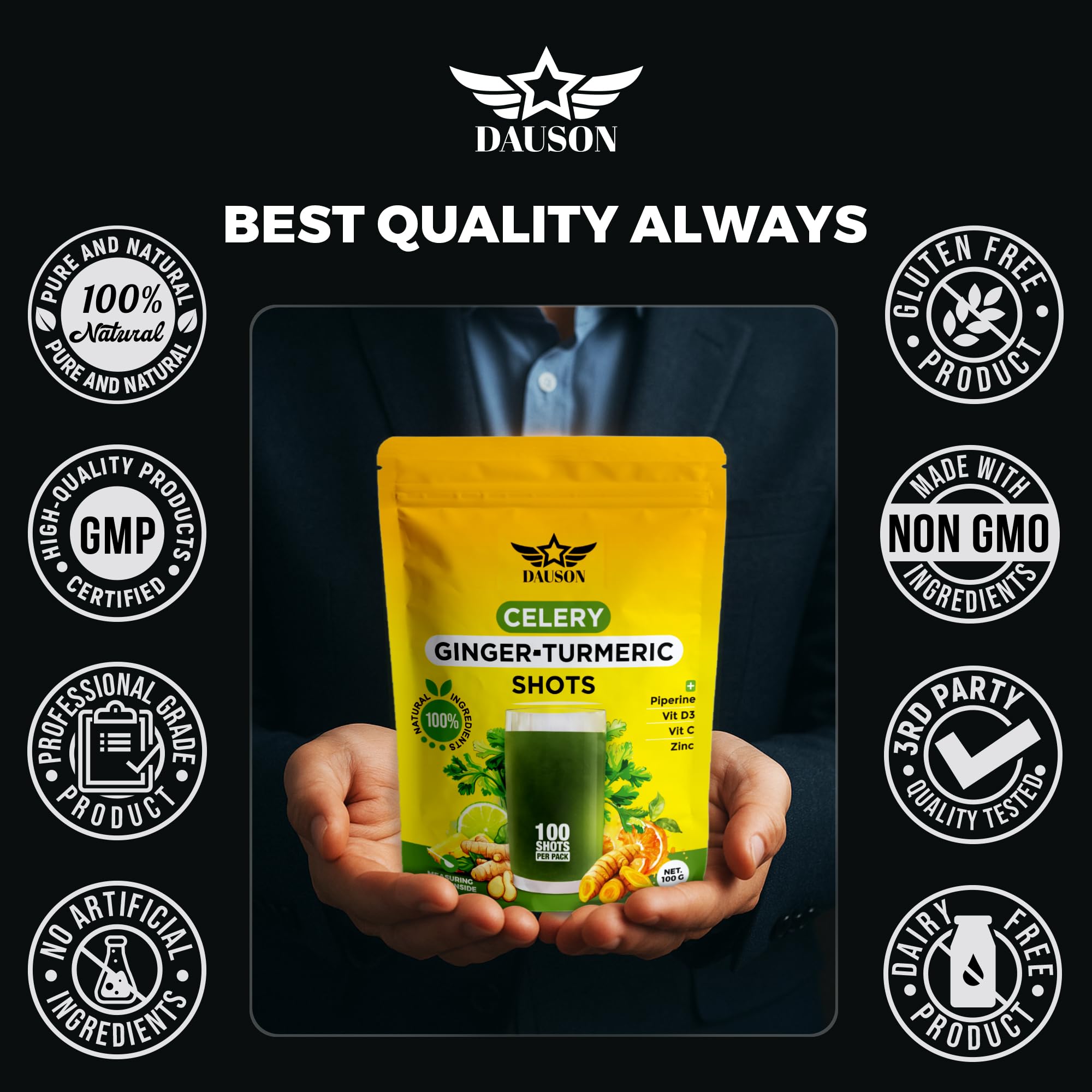 DAUSON Celery Ginger Turmeric Shot packaging shows vegan and gluten-free formula.