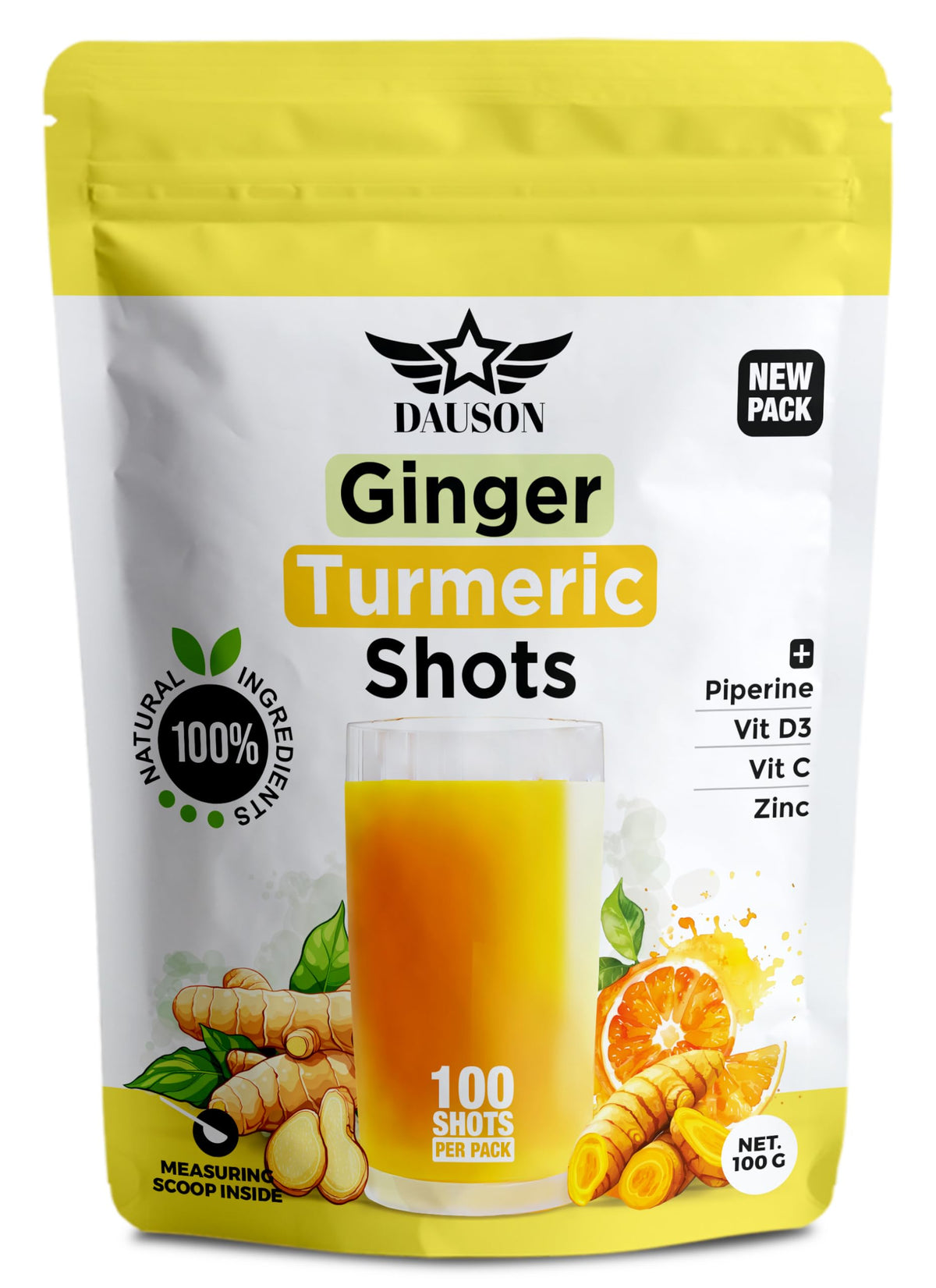 DAUSON ginger turmeric shot powder tub showing immune-supportive blend