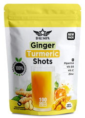 DAUSON ginger turmeric shot powder tub showing immune-supportive blend