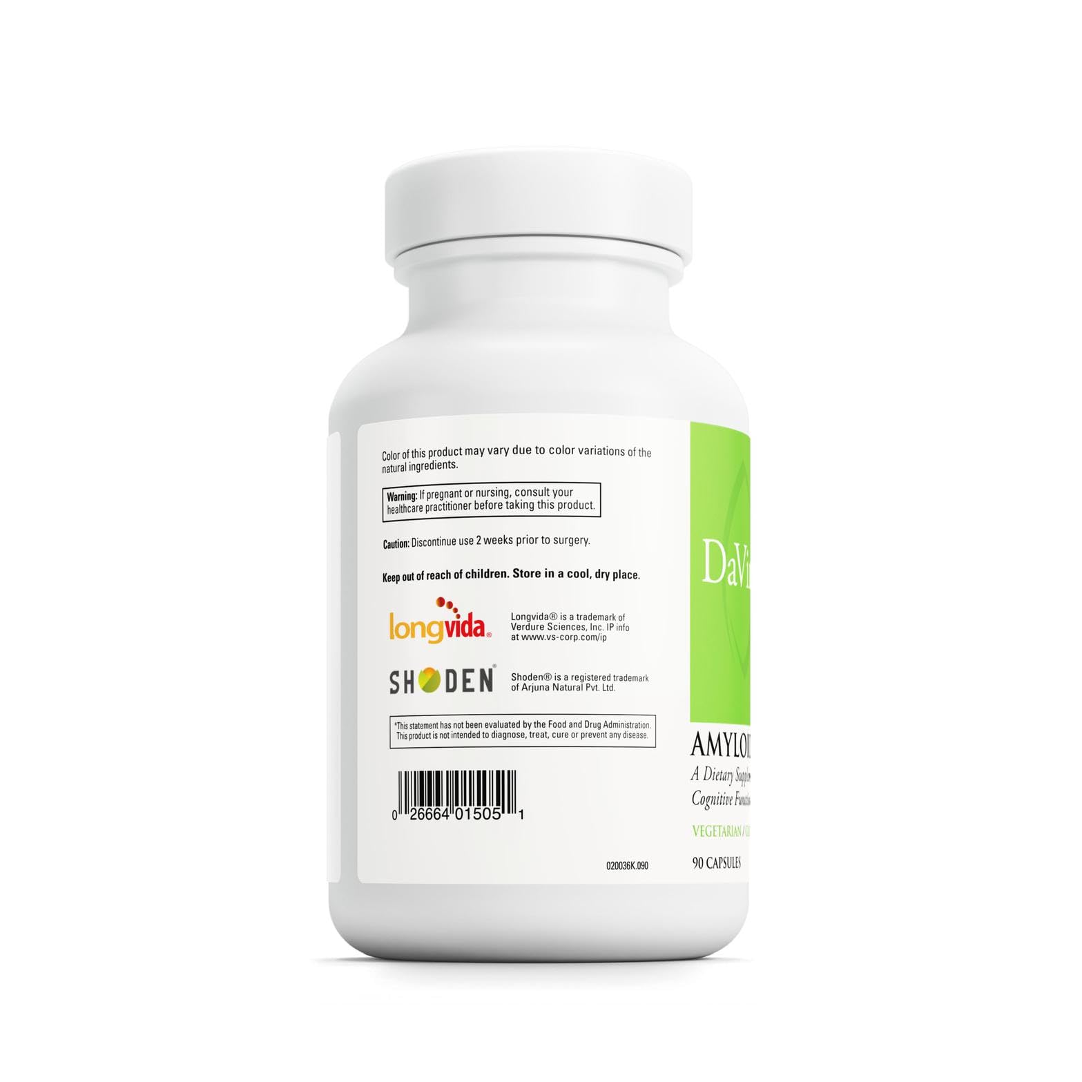 DAVINCI Amyloid Complete ingredients panel with ashwagandha and curcumin for brain health