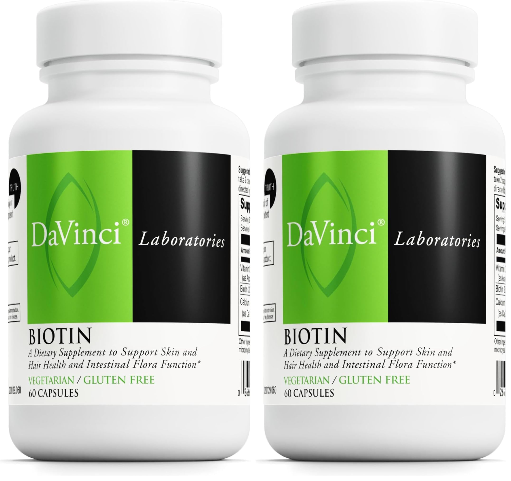 Davinci Biotin bottle front view highlighting vegetarian capsules for skin and hair support.