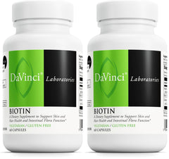 Davinci Biotin bottle front view highlighting vegetarian capsules for skin and hair support.