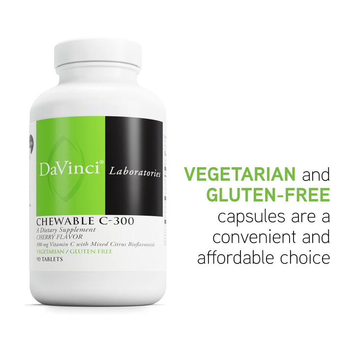 DaVinci Labs Chewable C-300 bioflavonoids graphic showing improved vitamin C uptake potential.