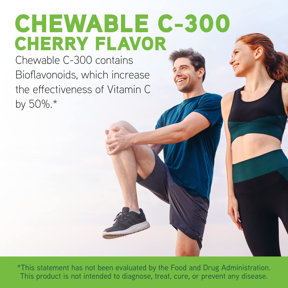 DaVinci Labs Chewable C-300 vitamin C tablets emphasize bioflavonoids aiding absorption.