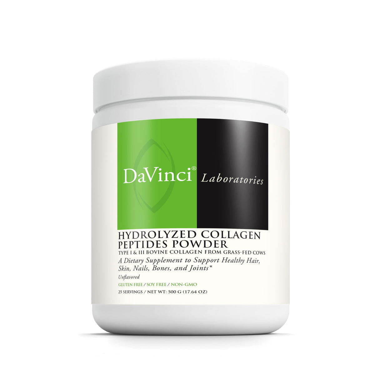 DaVinci Collagen Peptides tub front, gluten-free and non-GMO formula for joint support.