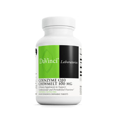 DaVinci CoQ10 ChewMelt bottle pouring, supports daily energy and immune function.