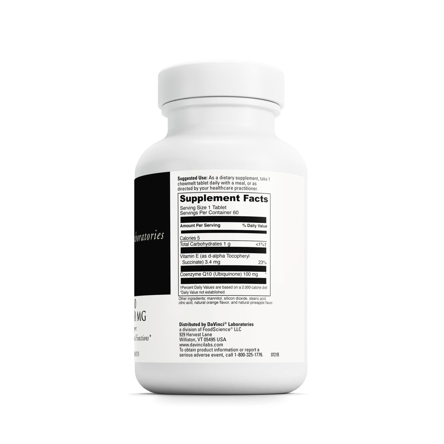 DaVinci CoQ10 ChewMelt tablets close up, orange flavor for easy daily intake.