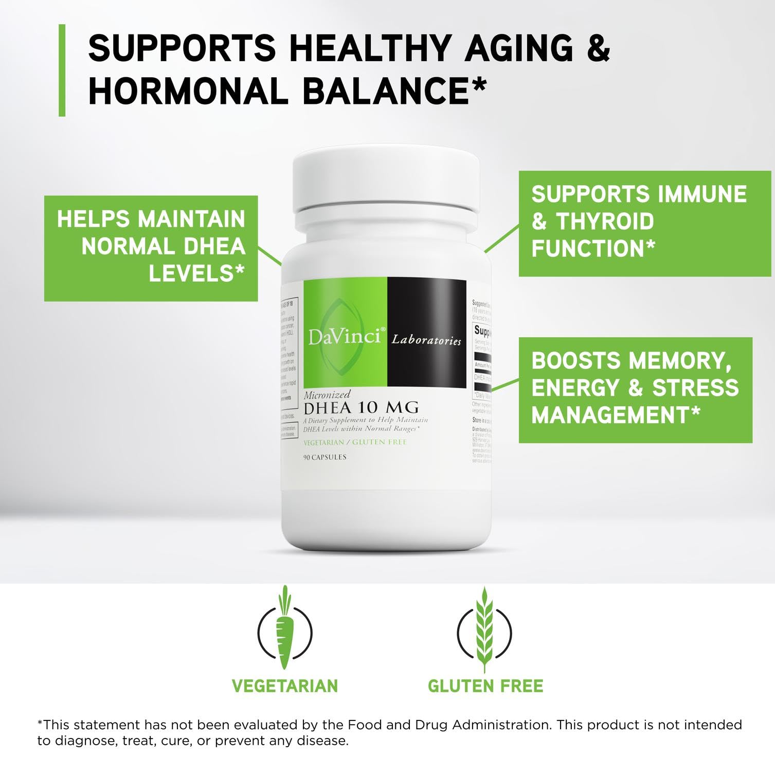 DaVinci DHEA label front highlighting vegetarian capsules and quality