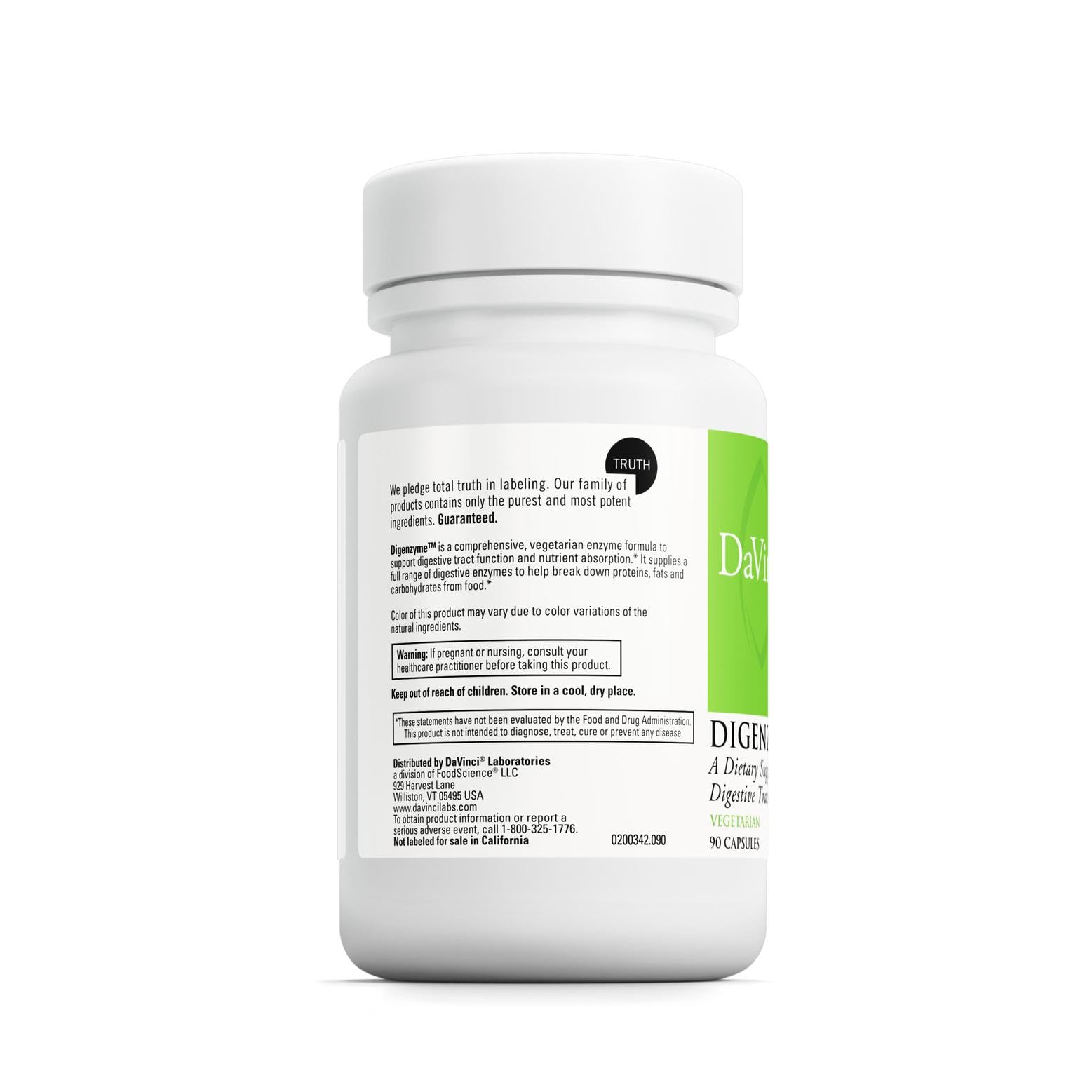 DAVINCI Digenzyme label shows gluten-free and soy-free formulation