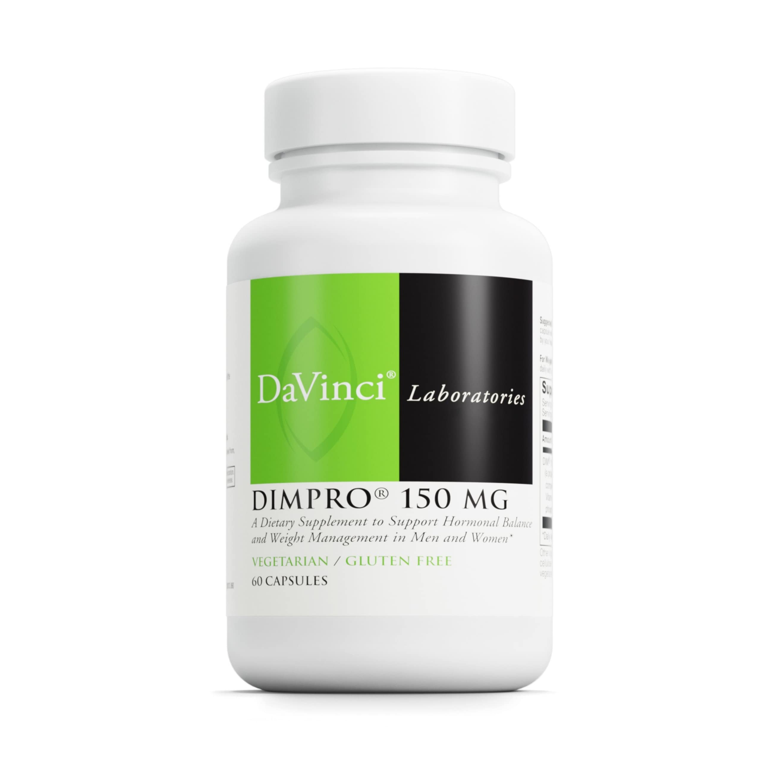DAVINCI DIMPro 150mg capsules in bottle, supporting hormonal balance and metabolism.