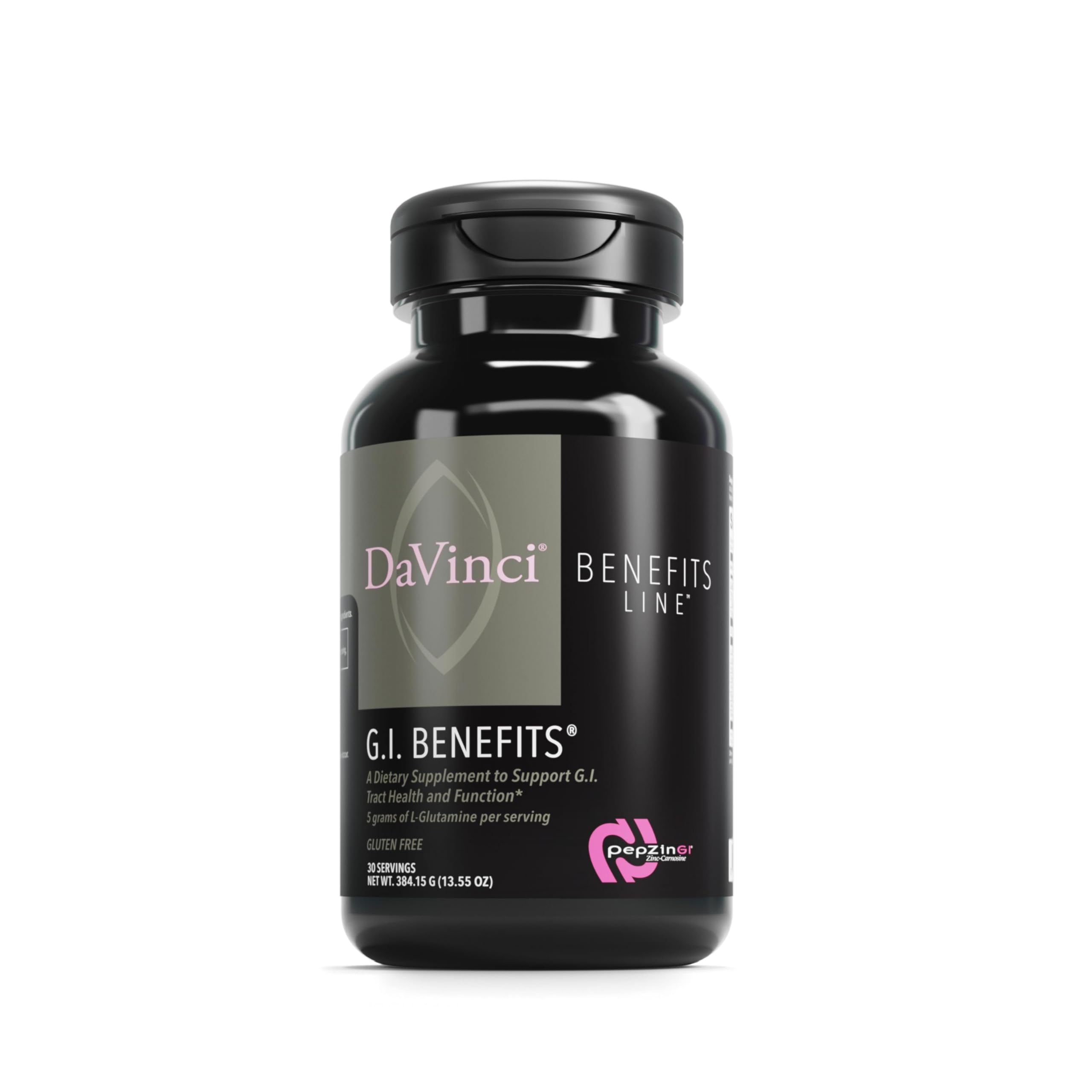 DAVINCI GI Benefits powder tub with zinc and L-glutamine for digestive support.