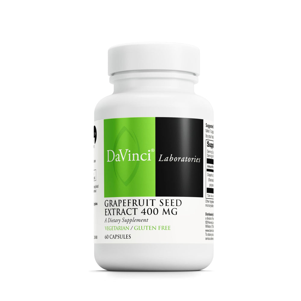 DAVINCI Grapefruit Seed Extract bottle shows gluten-free, vegetarian capsules for gut support.