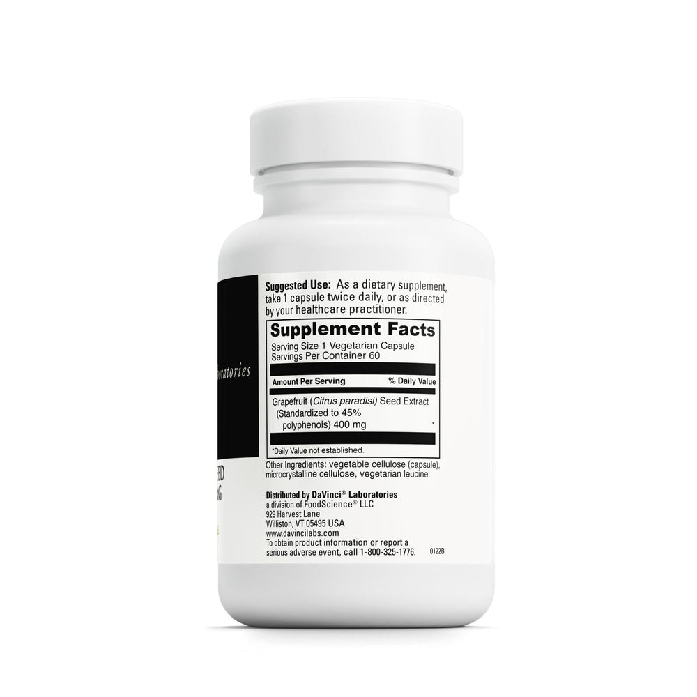 Close-up of DAVINCI Grapefruit Seed Extract capsules highlighting 400 mg potency for digestive balance.