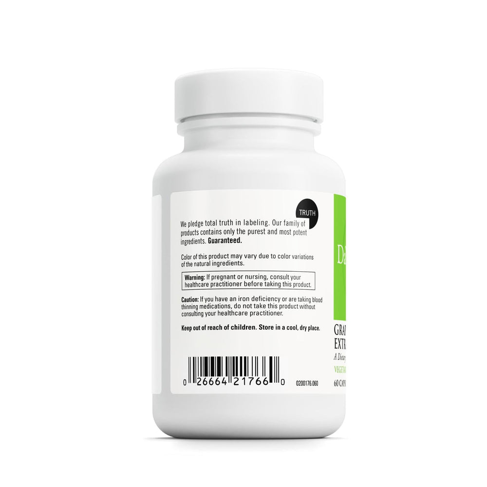 Label close-up on DAVINCI Grapefruit Seed Extract showing polyphenol-rich formulation.