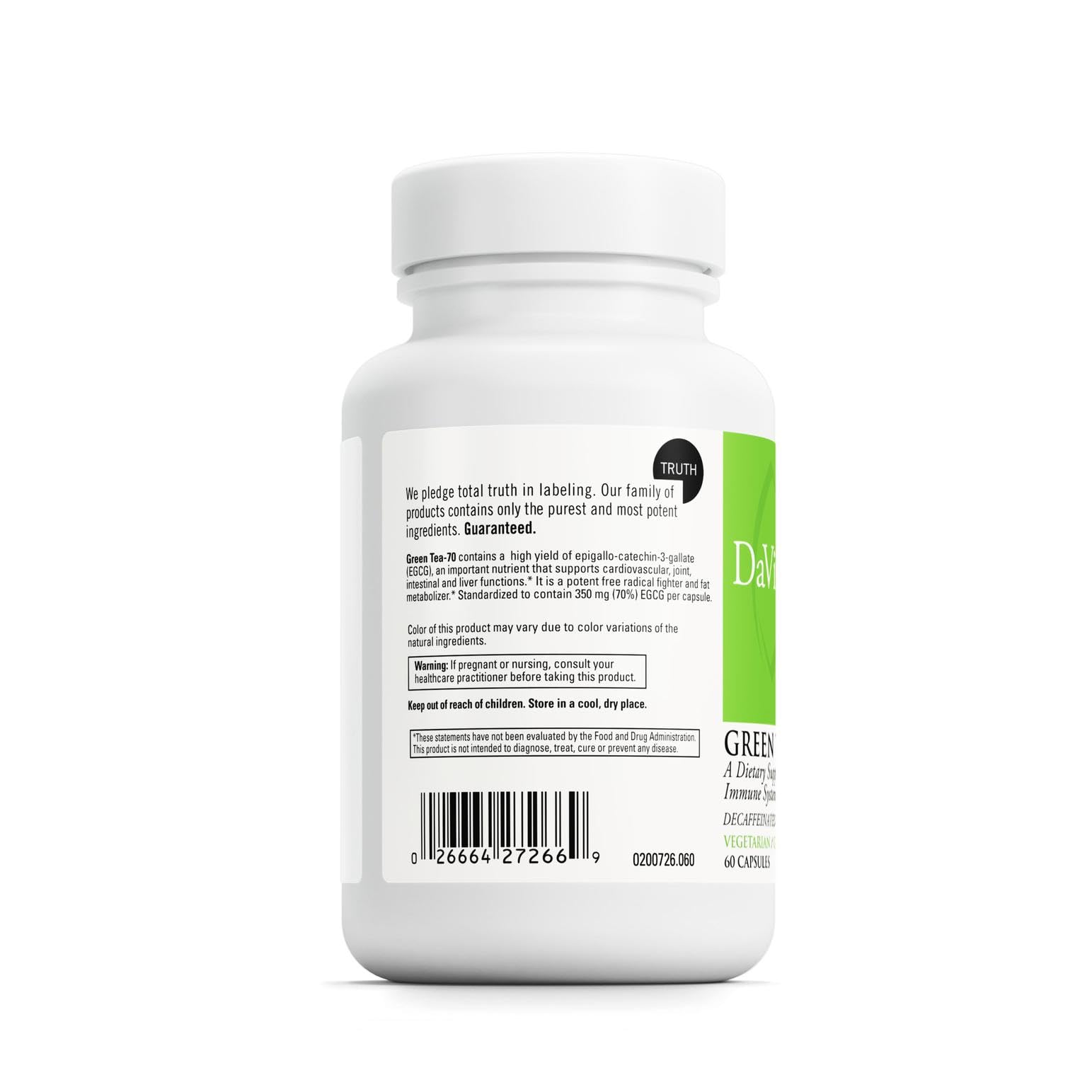 DaVinci Green Tea-70 capsules close-up highlighting decaffeinated, gluten-free formula for daily wellness.