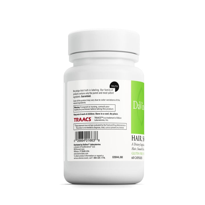 DaVinci Hair, Skin & Nails label front shows gluten-free minerals.