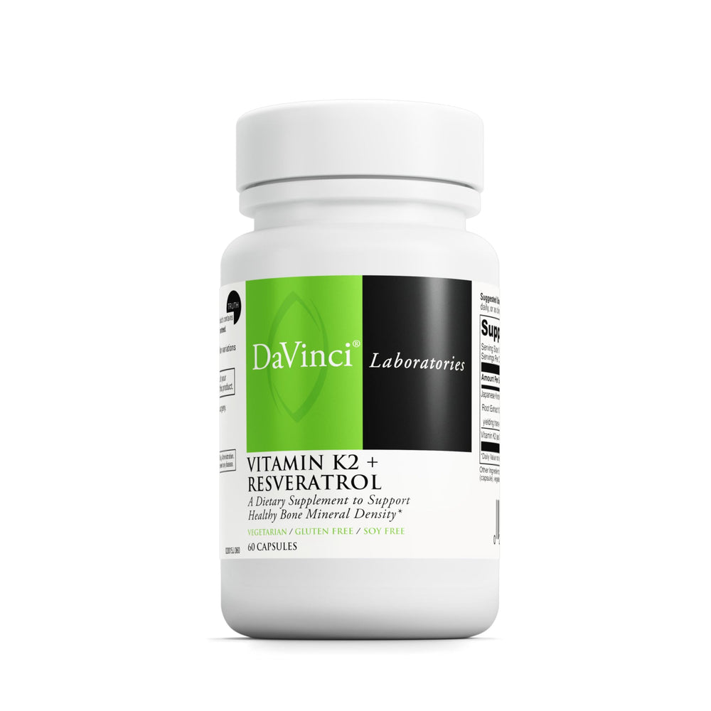 DAVINCI Vitamin K2 MK-7 and Resveratrol bottle front supports bone and heart wellness.