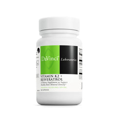 DAVINCI Vitamin K2 MK-7 and Resveratrol bottle front supports bone and heart wellness.