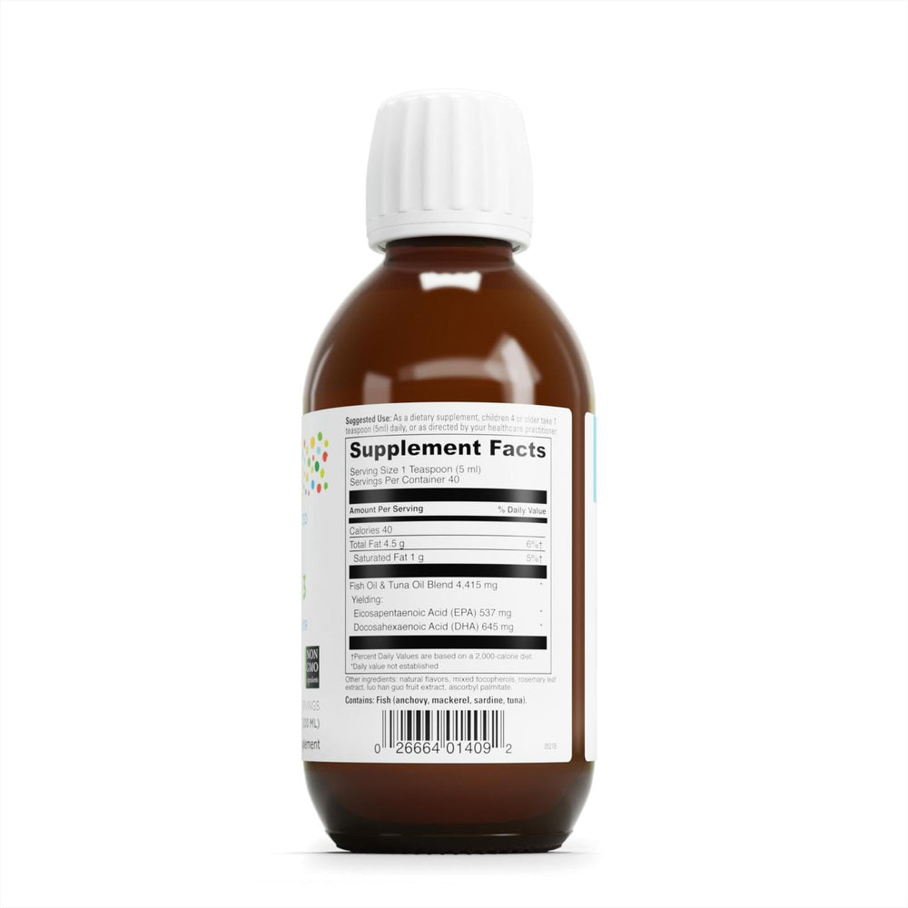 DAVINCI KiddOmega-3 label closeup highlights pure ingredients and monk fruit sweetness