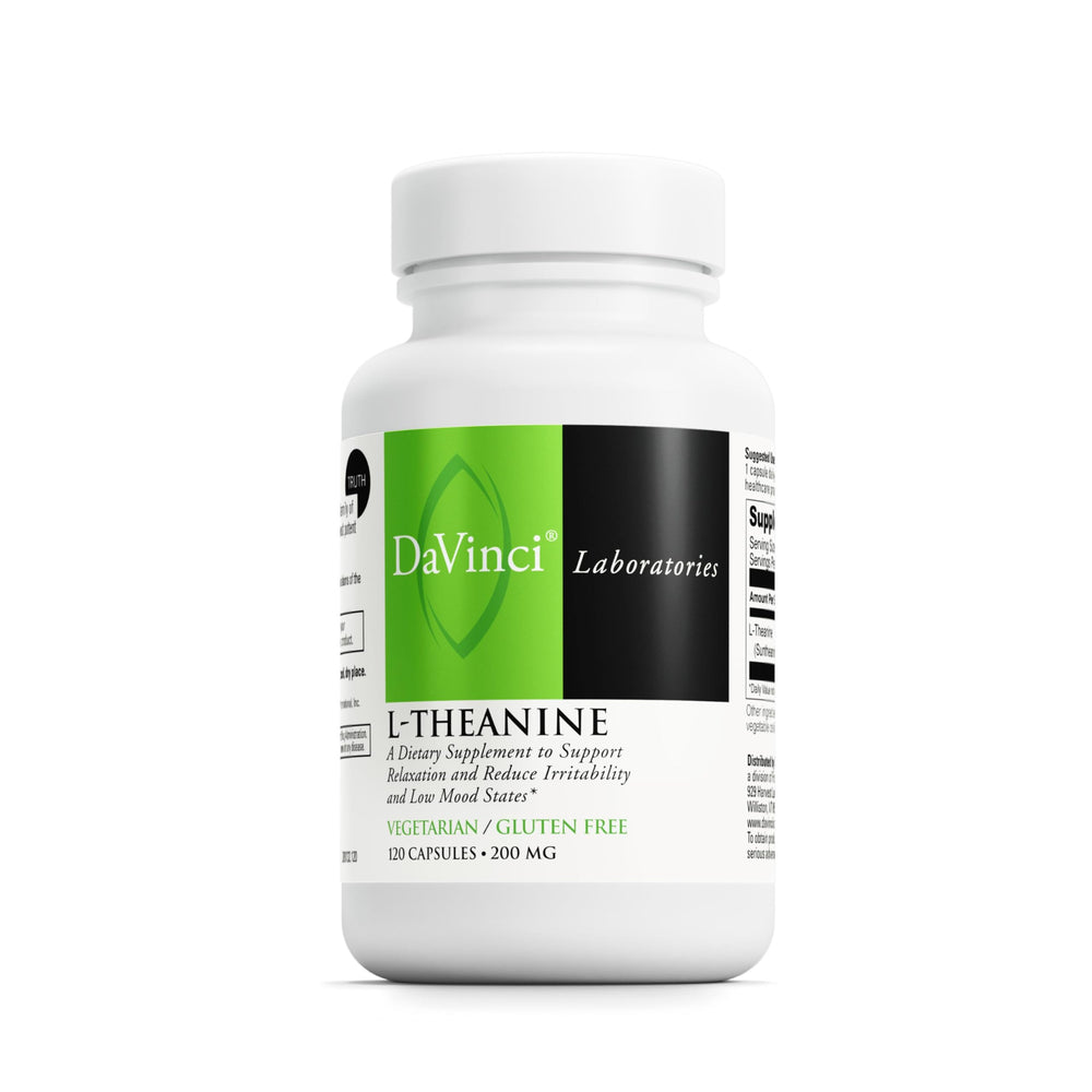 DaVinci L-Theanine bottle showing vegetarian capsules for calm focus.