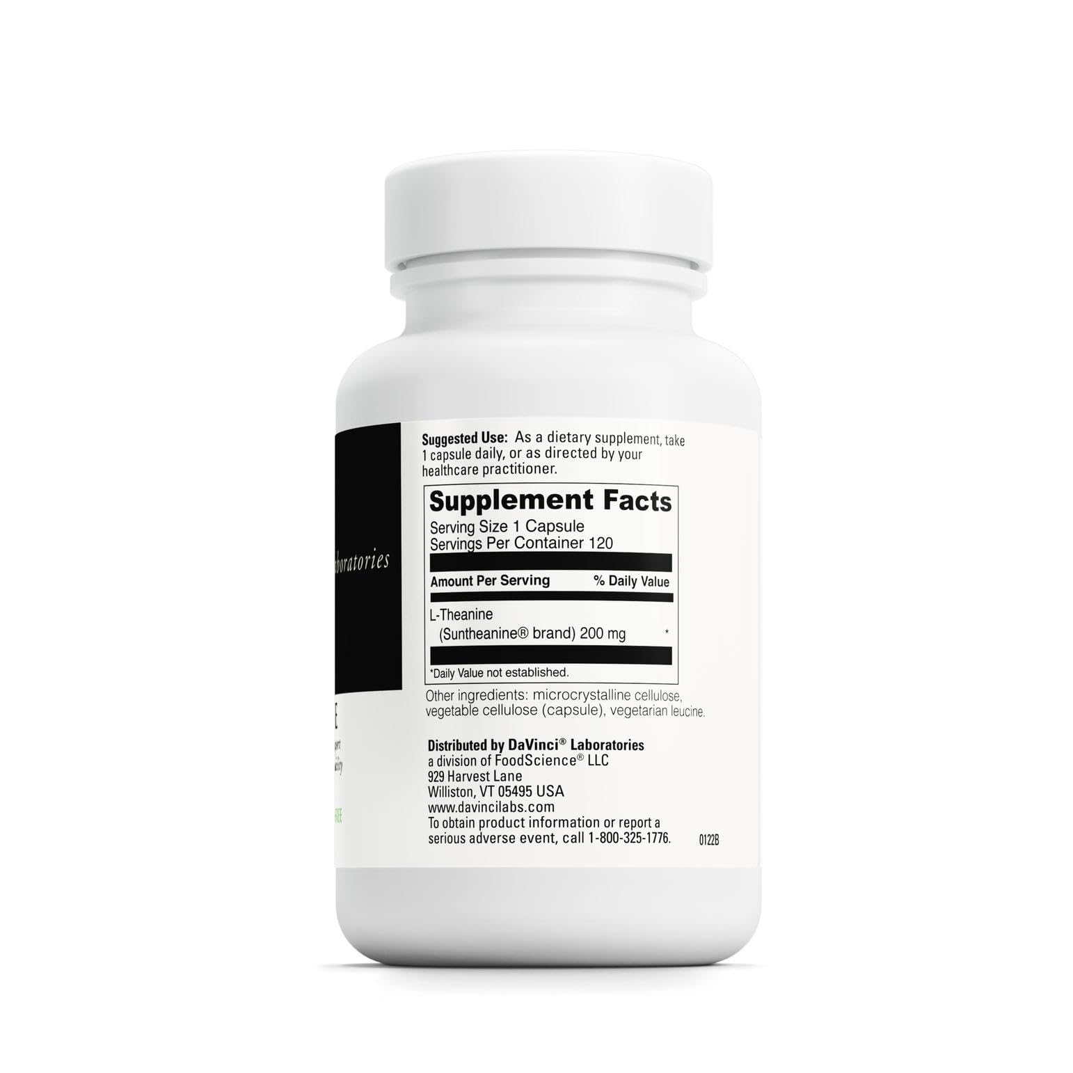 DaVinci L-Theanine capsules closeup highlighting 200 mg per serving.