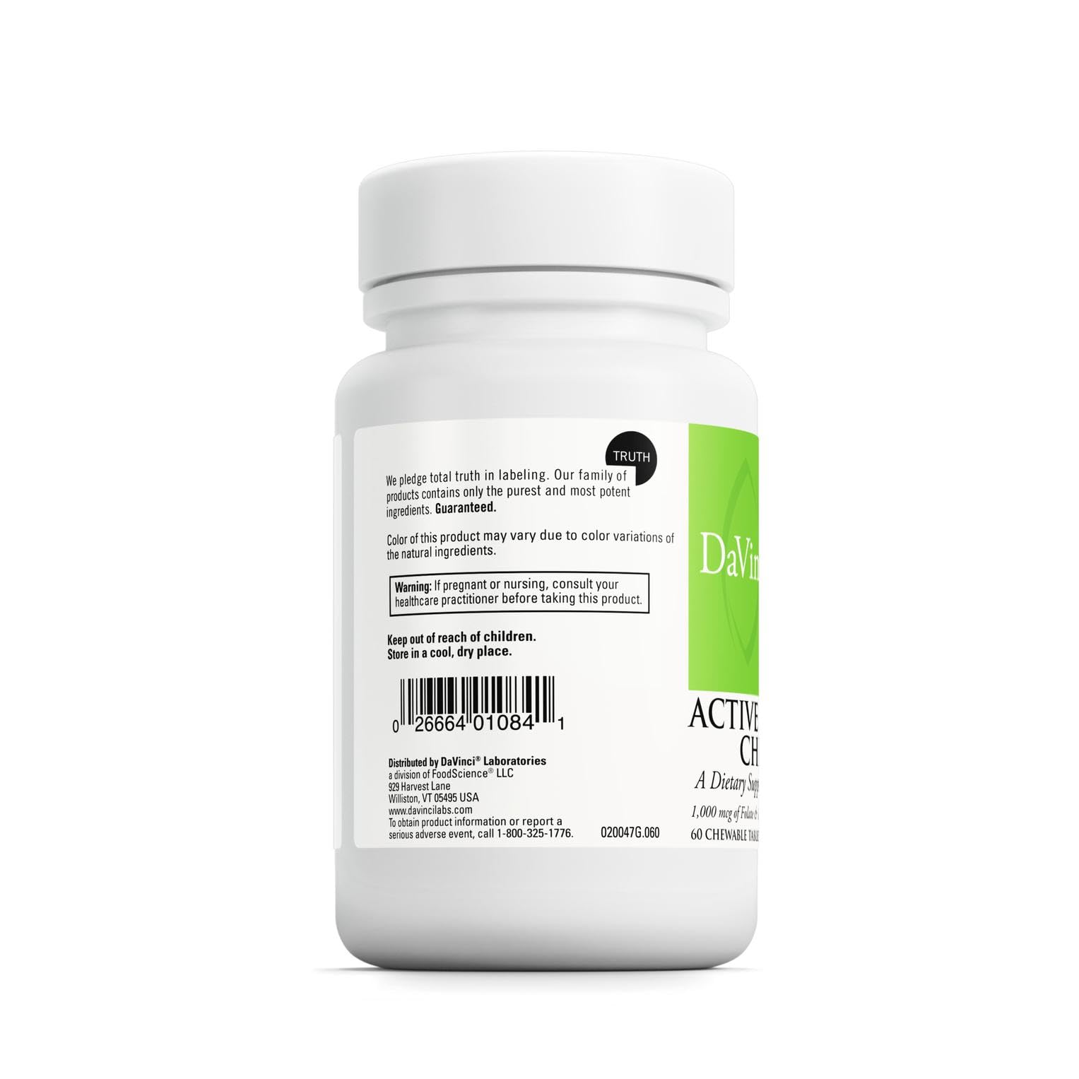 Davinci Active Folate B12 label closeup communicates potency and purity.