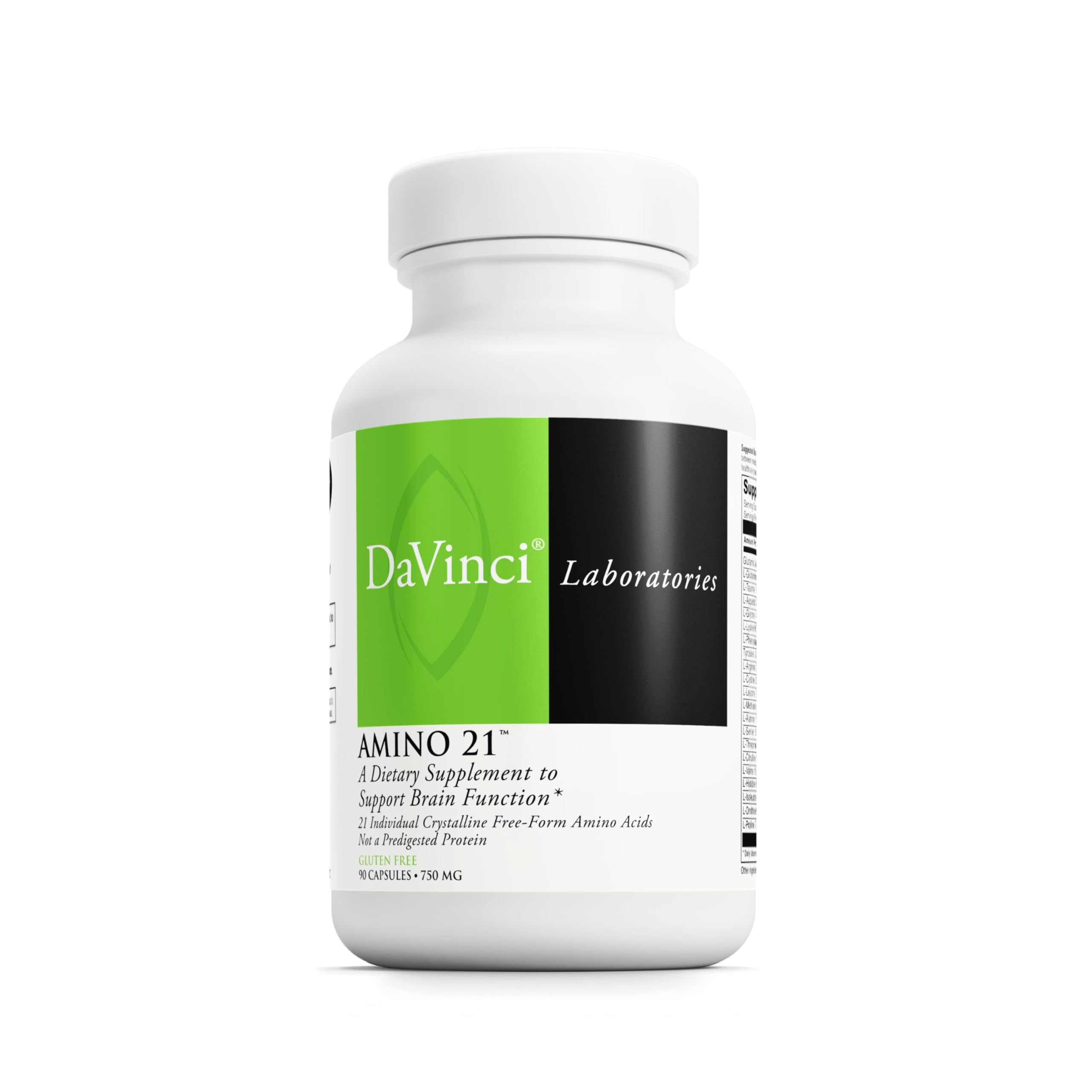 DAVINCI Amino 21 bottle front shows gluten-free formula for brain and muscle support.